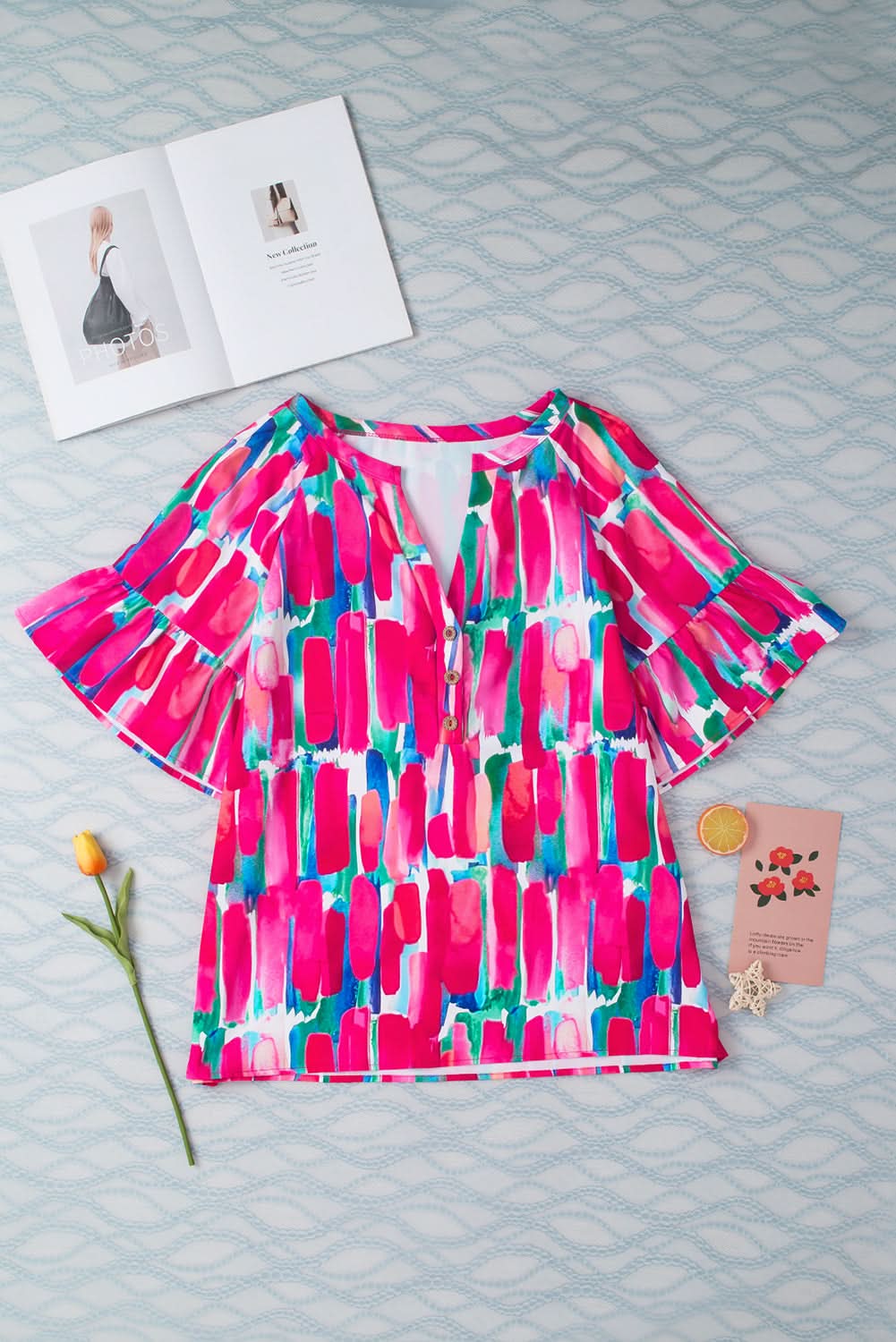 Rose Abstract Brushwork Print Buttoned V Neck Blouse - Love Salve